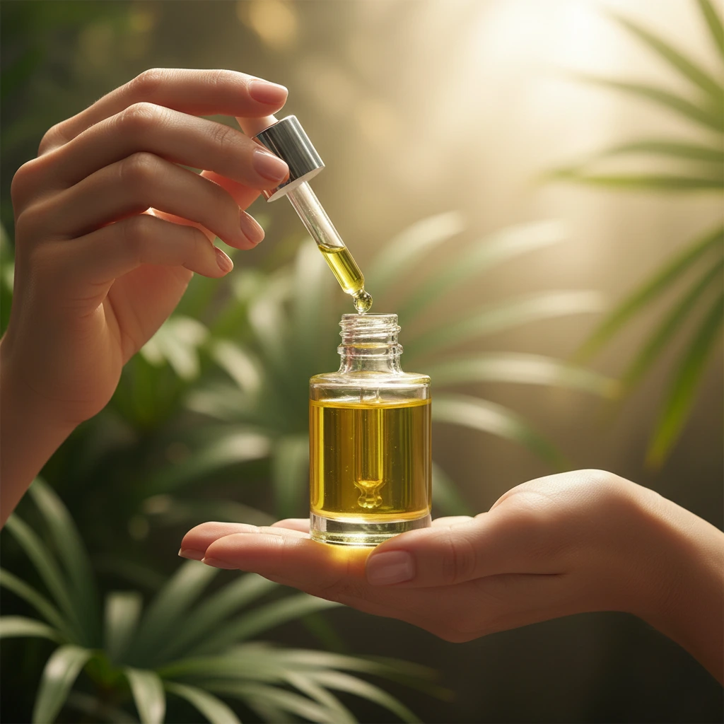 AI-generated essential oil dropper bottle in tropical setting