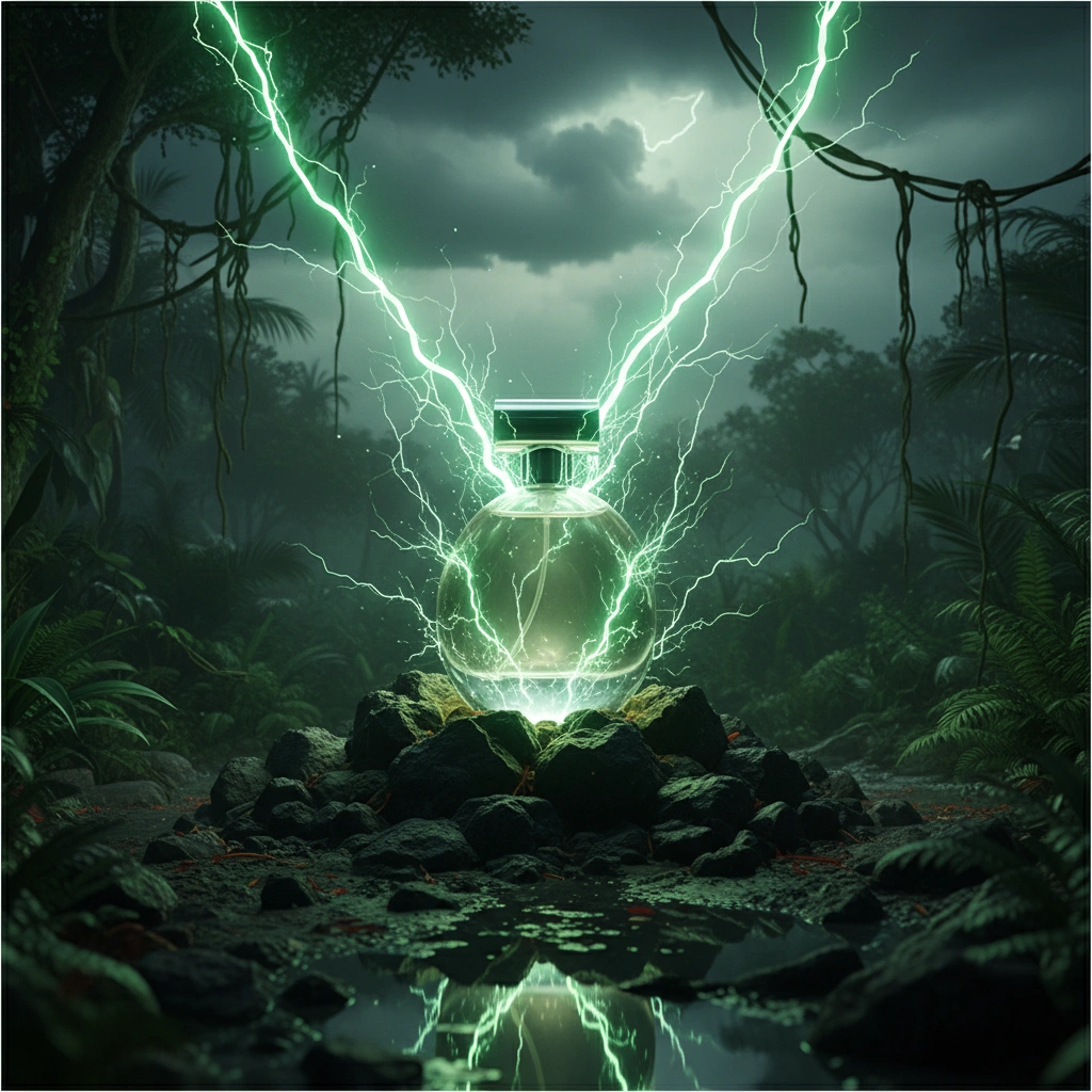 AI-generated perfume bottle with electric lightning in jungle