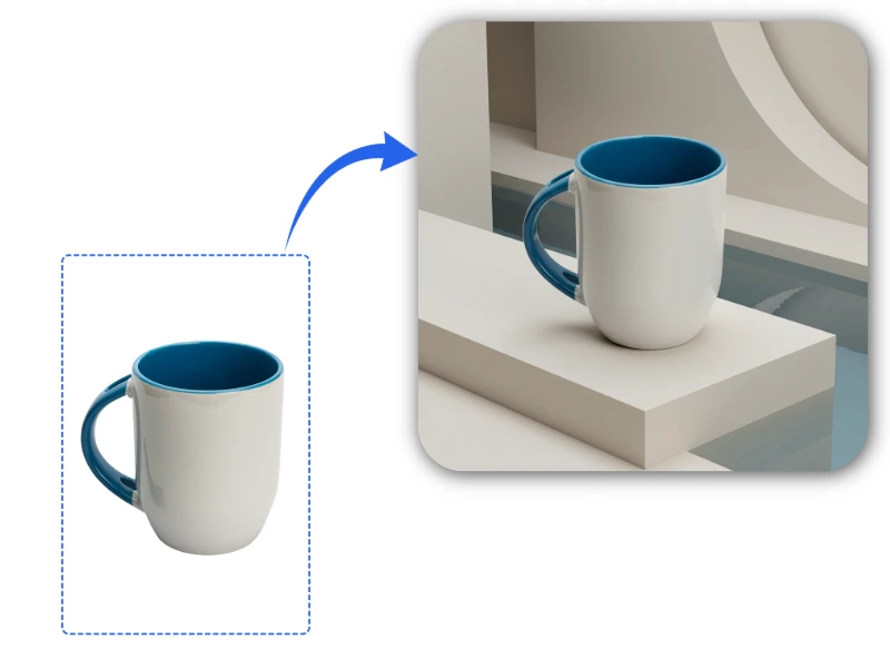 Product photo to AI-generated studio scene — mug transformation example