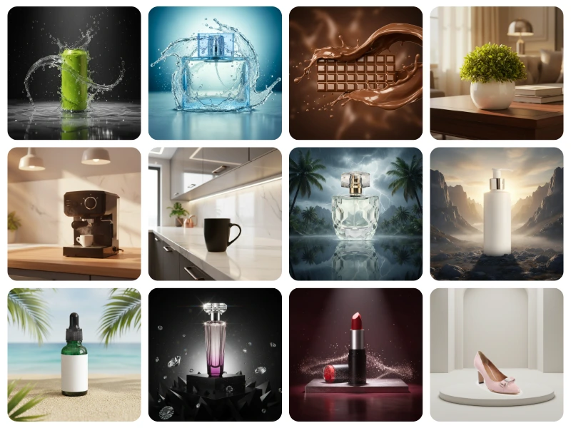 50+ AI scene templates — luxury, nature, studio, liquid splash product photography examples