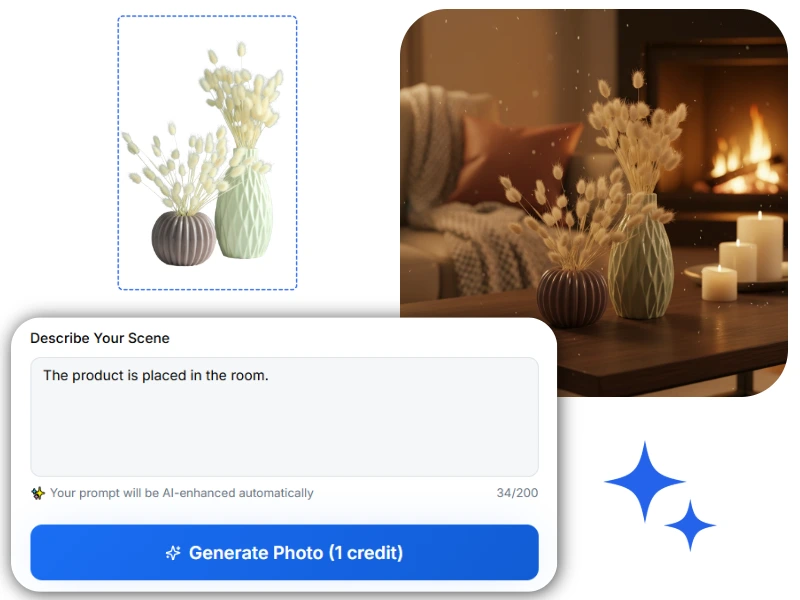 AI-enhanced prompt interface — describe your scene and generate stunning product photos